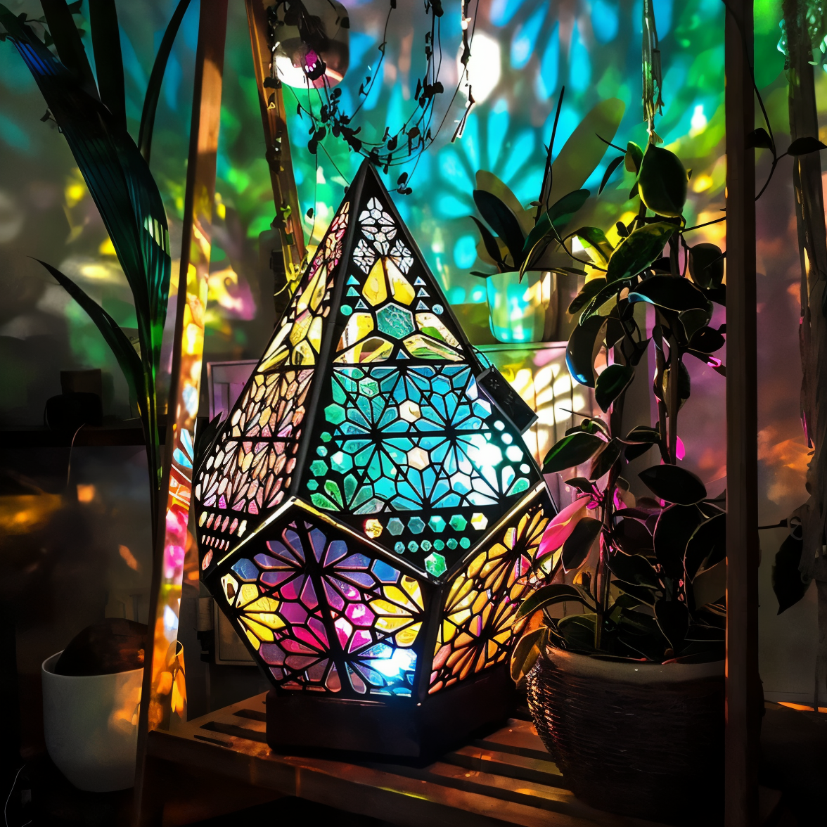 Projection Floor Lamp with Wooden Frame and USB Power, Colorful Ambient Light
