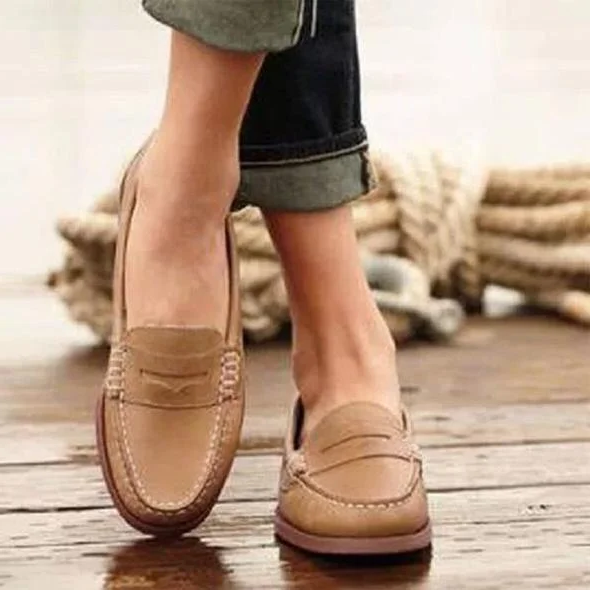 Womens Slip On Loafers with Round Toe and Low Heel, Synthetic Leather