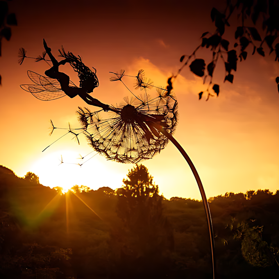 Metal Fairy Garden Stake with Dandelion Design and Adjustable Height Placement