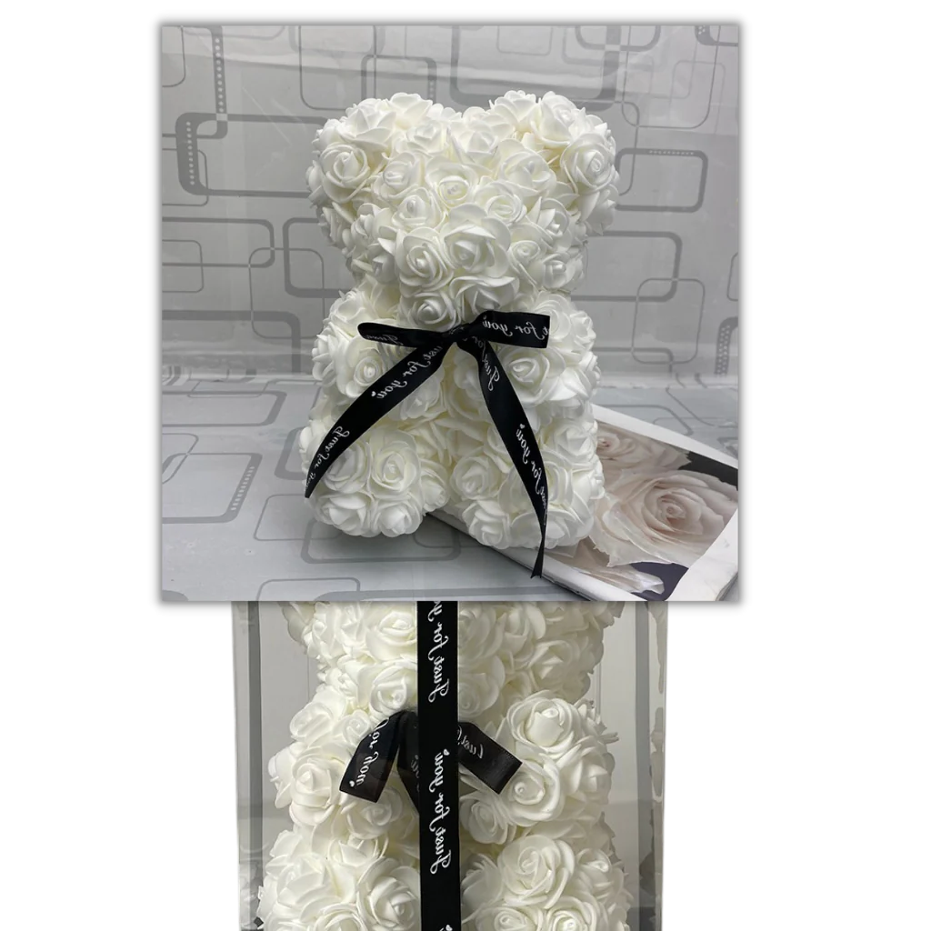 Foam Rose Teddy Bear with Ribbon Accent, 9.8 Inches Tall