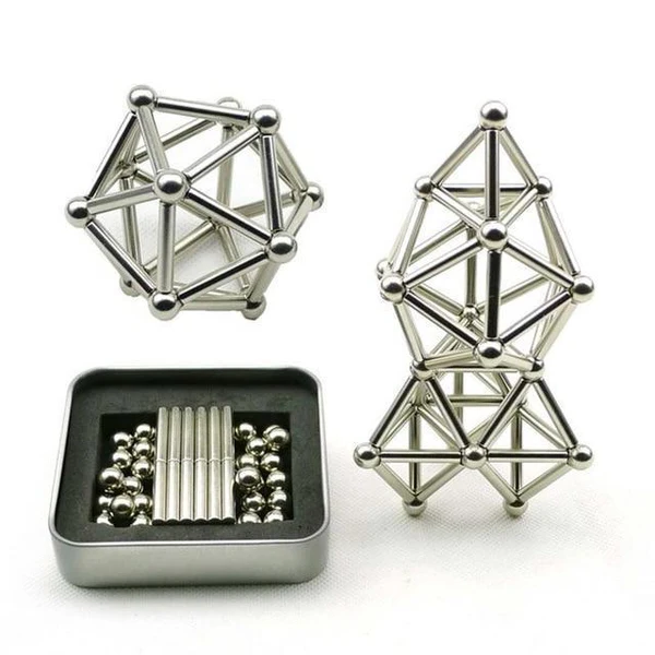Magnetic Building Blocks with Sticks and Balls, 63-Piece Set with Metal Tin