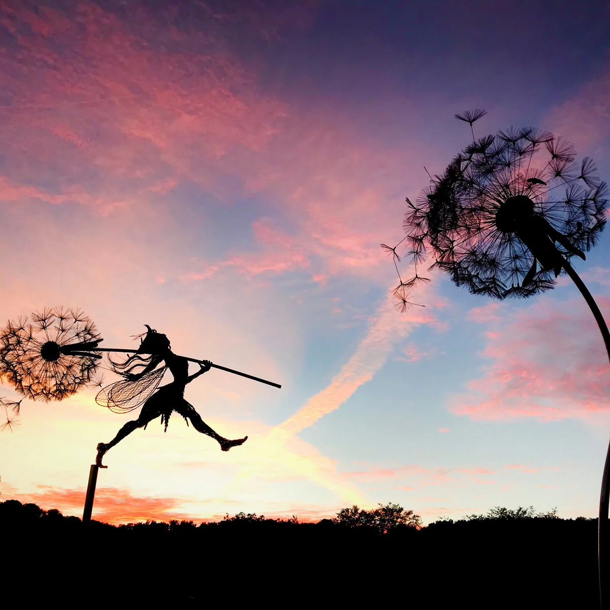 Metal Fairy Garden Stake with Dandelion Design and Adjustable Height Placement