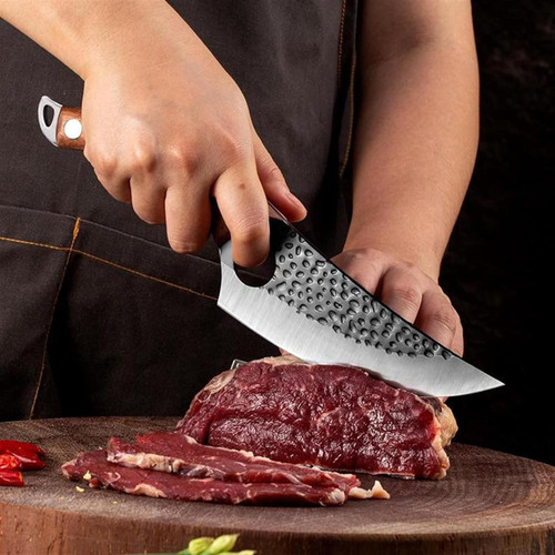 Alloy Chef Knife with Finger Notch Grip and Cherry Wood Handle