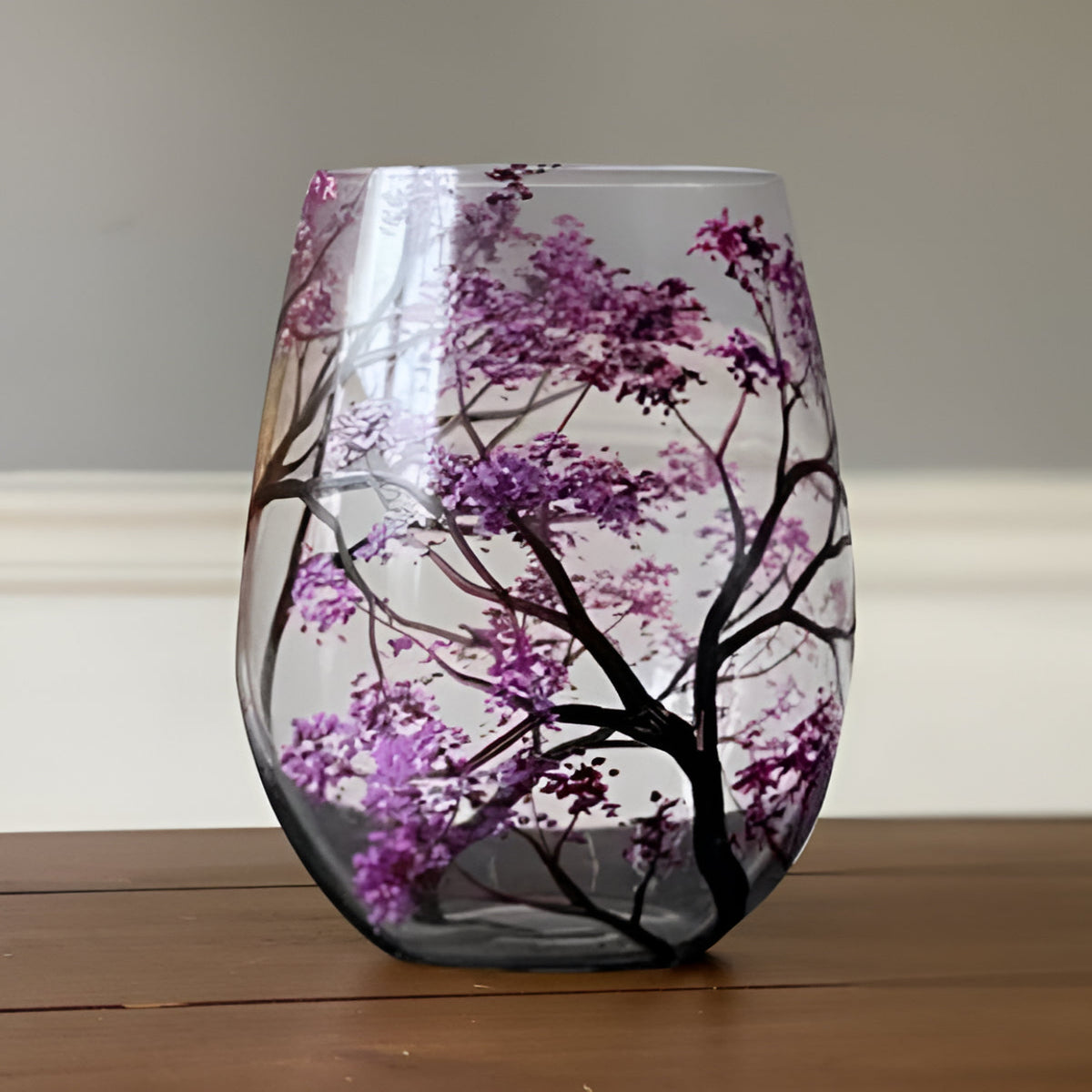Hand Painted Wine Glasses with Four Seasons Tree Design, 12oz Dishwasher Safe
