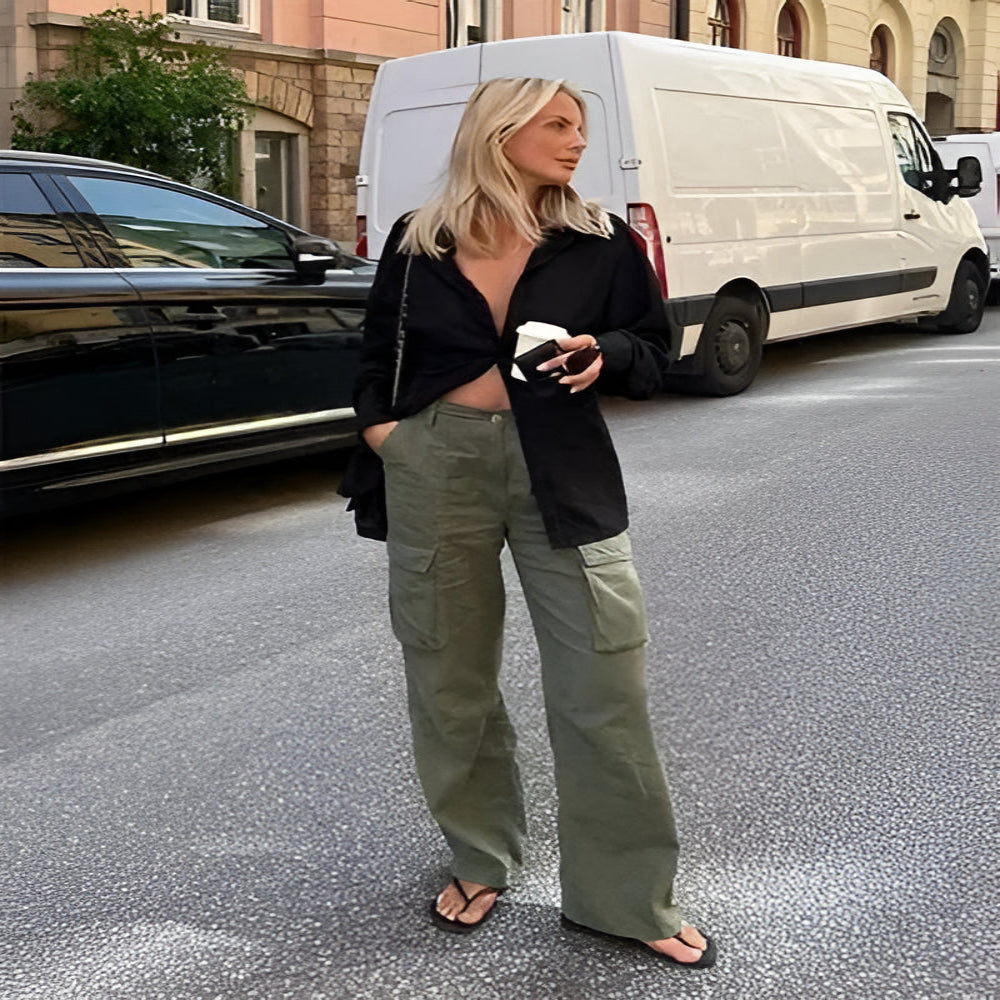 Cargo Pants with Multiple Pockets and Adjustable Waist Belt, Loose Fit Cotton Blend