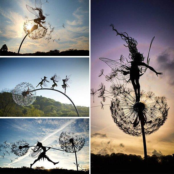 Metal Fairy Garden Stake with Dandelion Design and Adjustable Height Placement