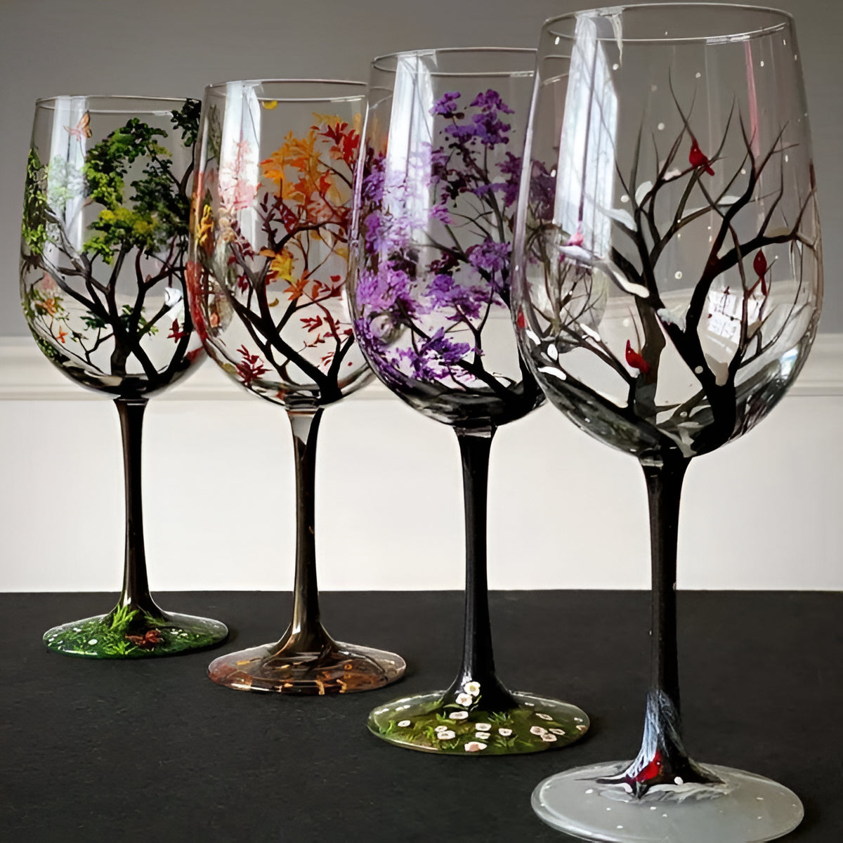 Hand Painted Wine Glasses with Four Seasons Tree Design, 12oz Dishwasher Safe