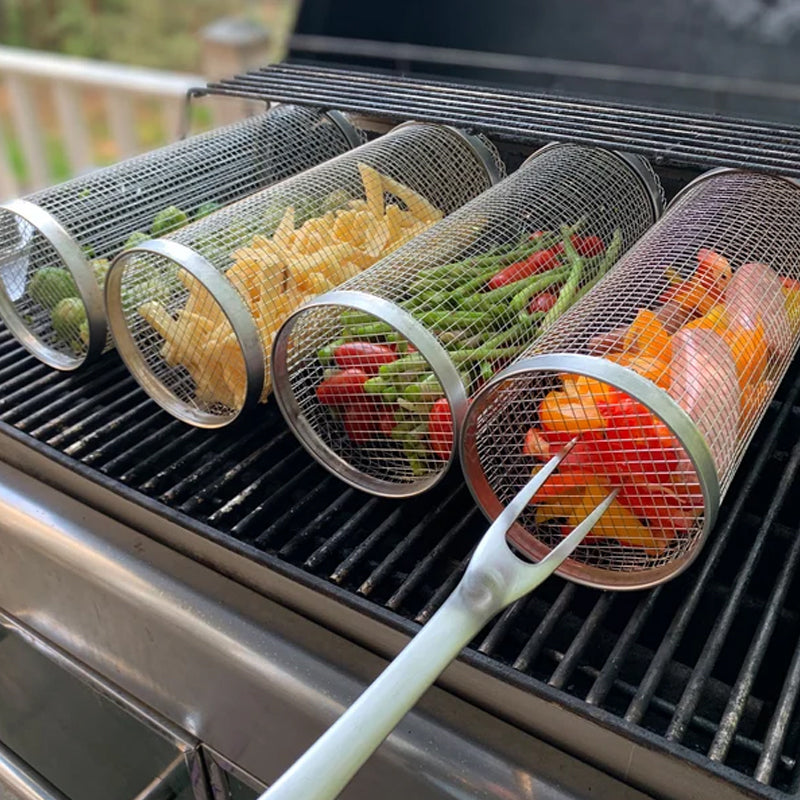 Rotating Grill Basket with Hinged Door and 360 Degree Spin for Gas and Charcoal Grills
