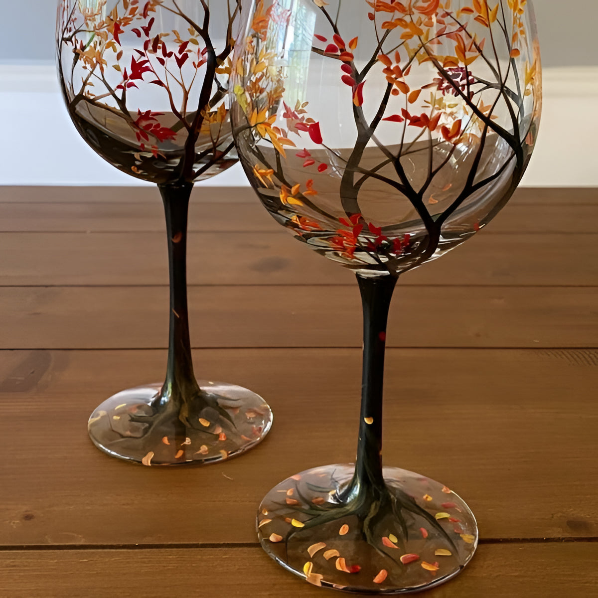 Hand Painted Wine Glasses with Four Seasons Tree Design, 12oz Dishwasher Safe