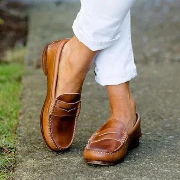 Womens Slip On Loafers with Round Toe and Low Heel, Synthetic Leather