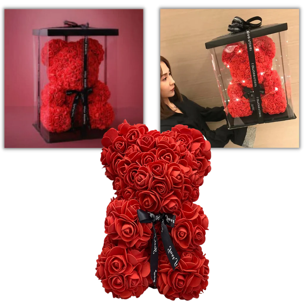 Foam Rose Teddy Bear with Ribbon Accent, 9.8 Inches Tall