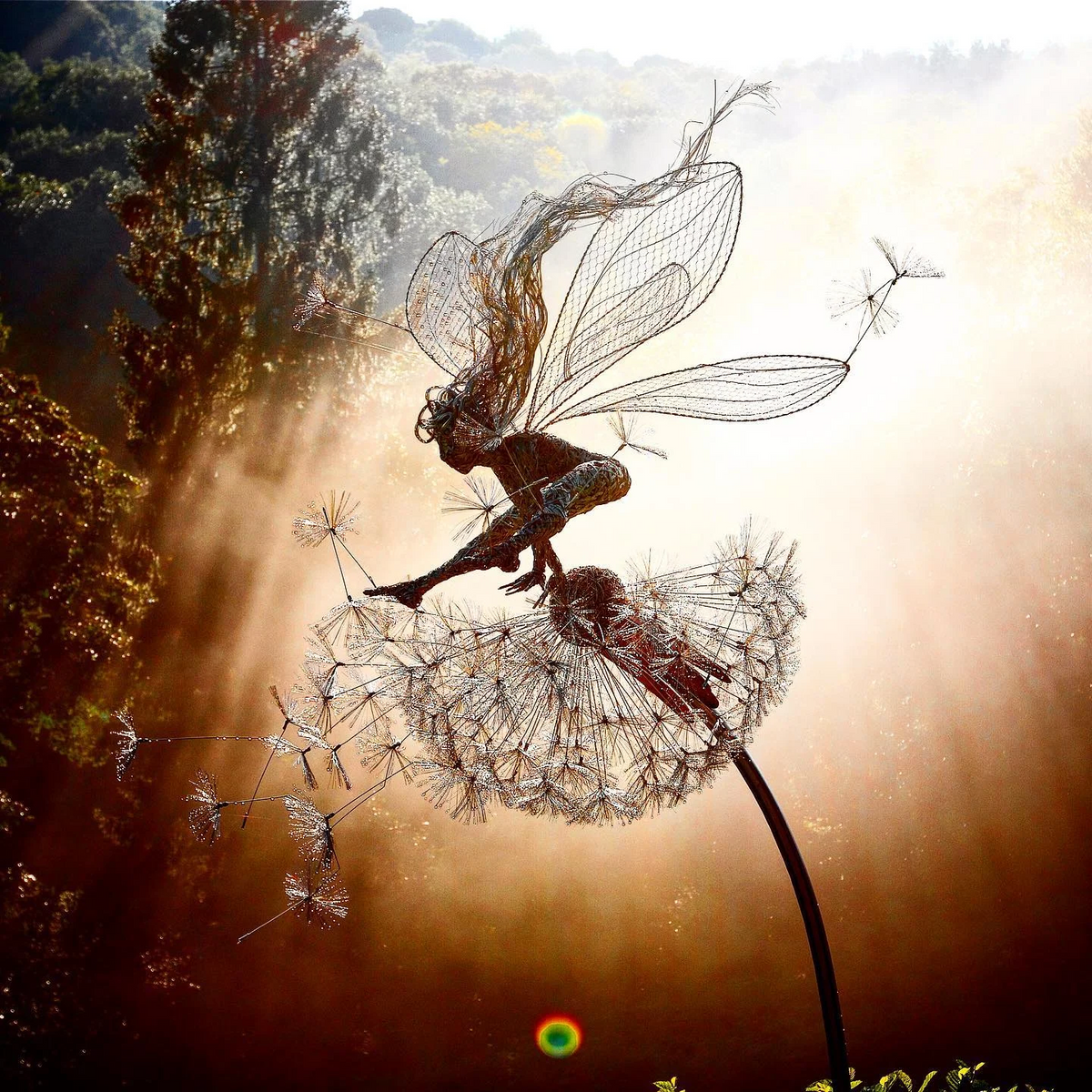Metal Fairy Garden Stake with Dandelion Design and Adjustable Height Placement