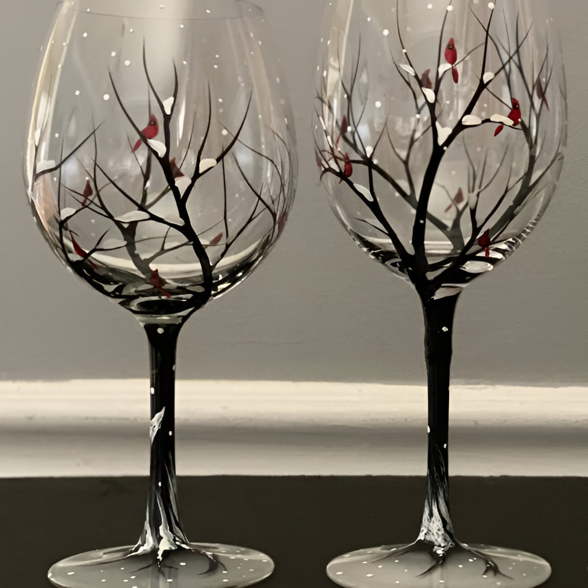 Hand Painted Wine Glasses with Four Seasons Tree Design, 12oz Dishwasher Safe