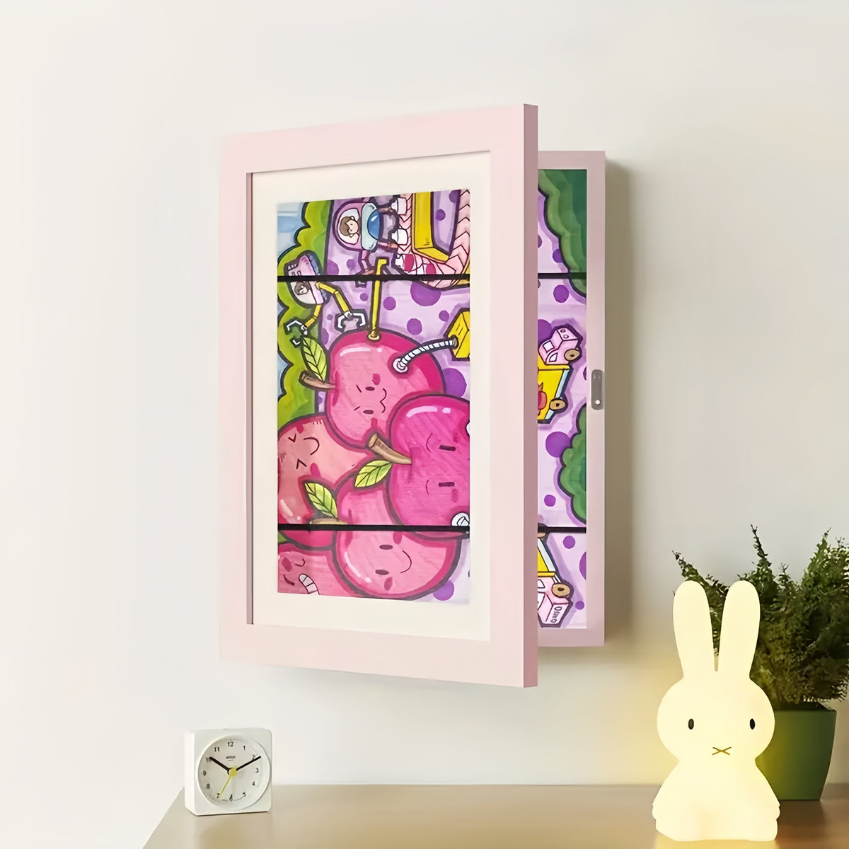 Wall Mount Artwork Display Frame with Magnetic Latch and Storage for 150 Drawings