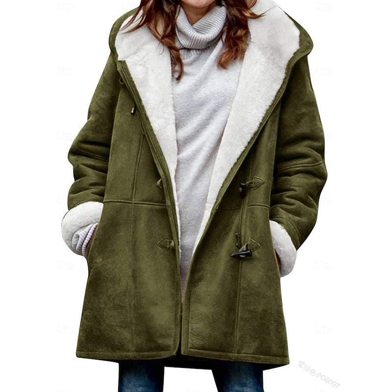 Button Front Hooded Winter Coat with Adjustable Hood and Insulated Fabric
