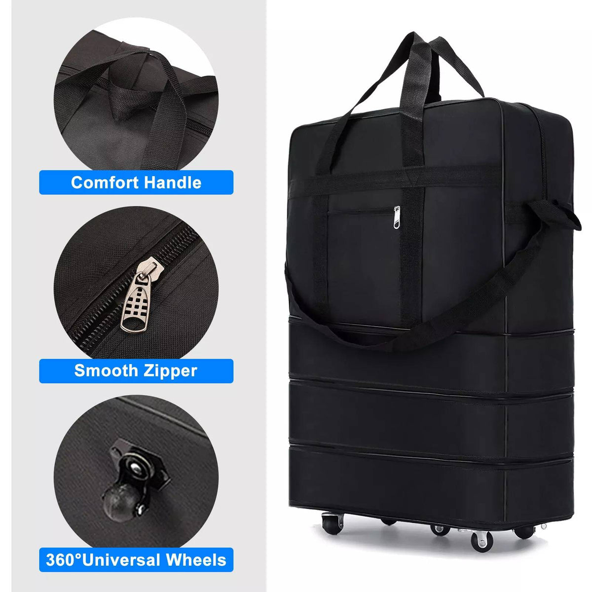 Wheeled Travel Duffle Bag with Three-Stage Expansion and Rotating Wheels, 42in