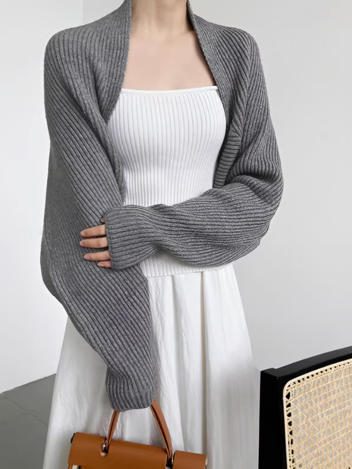 Open Front Knit Shrug with Long Sleeve Coverage and Shift Fit