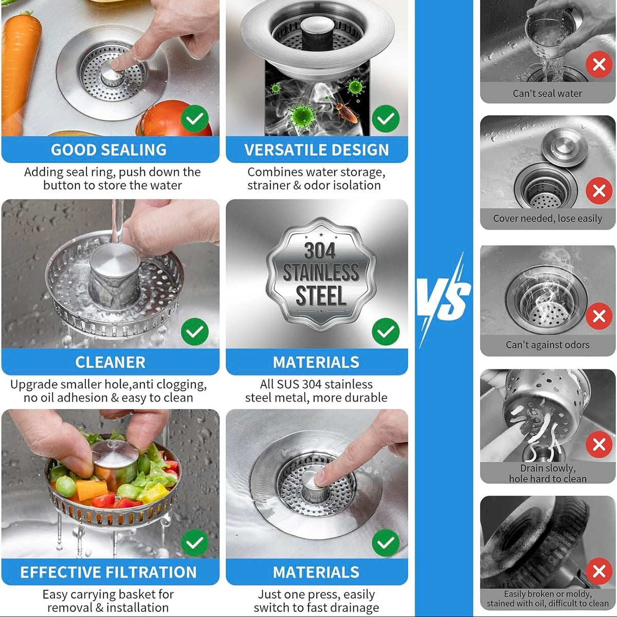 Pop Up Kitchen Sink Drain Strainer with Stainless Steel Basket Filter