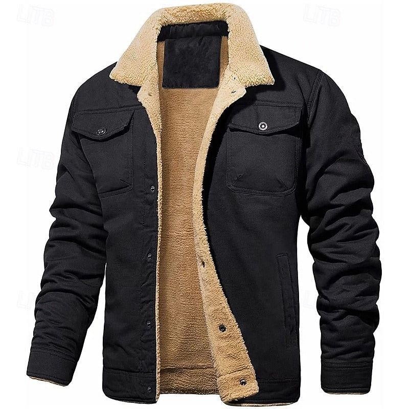 Plush Lined Trucker Jacket with Fold Down Collar and Four Pockets