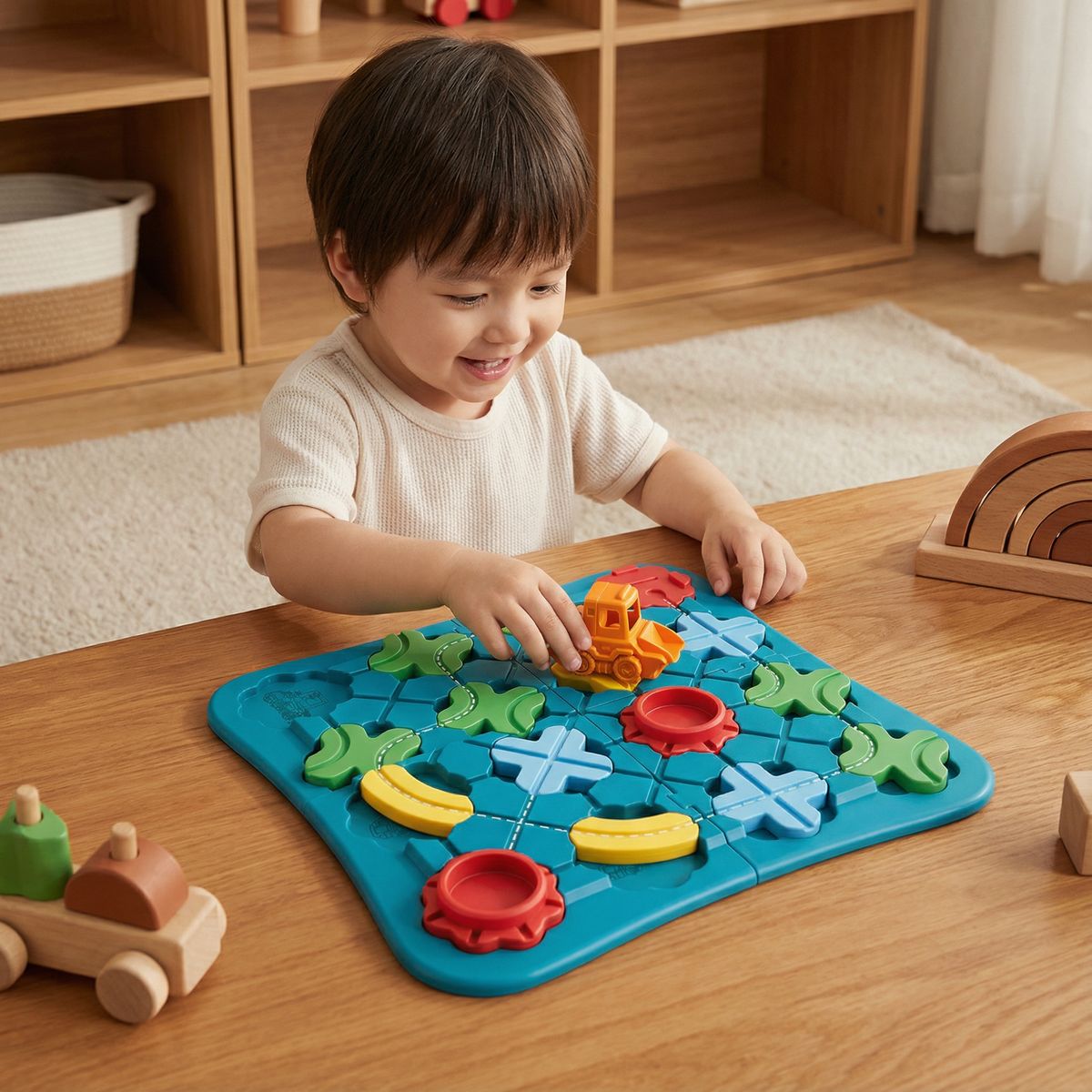 Street Layout Puzzle with Rolling Vehicle and Color Blocks for Toddlers