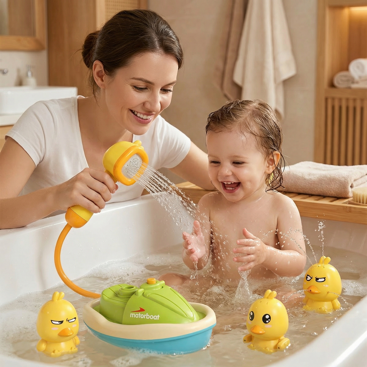 Duck Fountain Bath Toy with Motorized Boat and Squirting Ducks, Battery Shower Head
