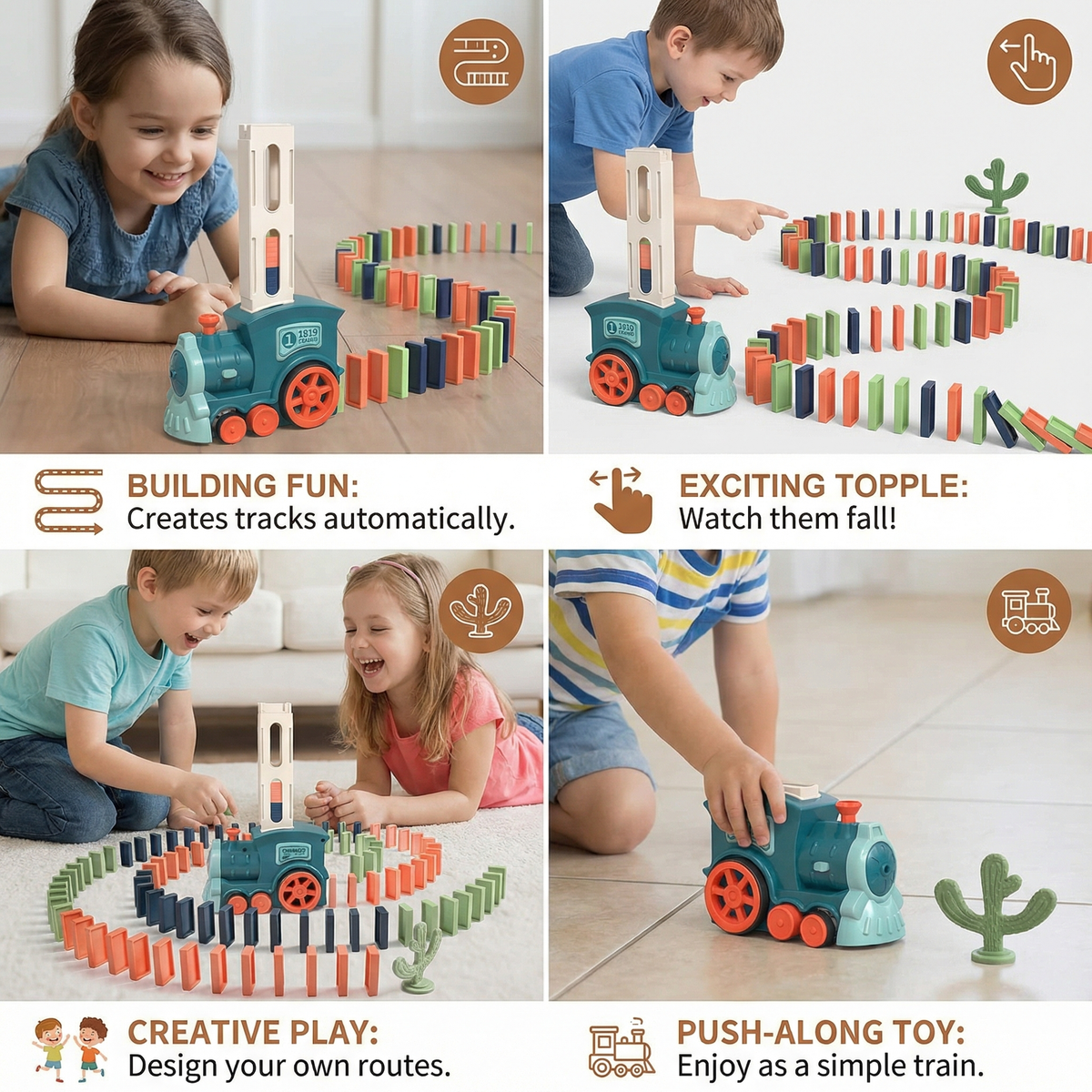 Motorized Domino Train with Automatic Placement and Multicolored Pieces