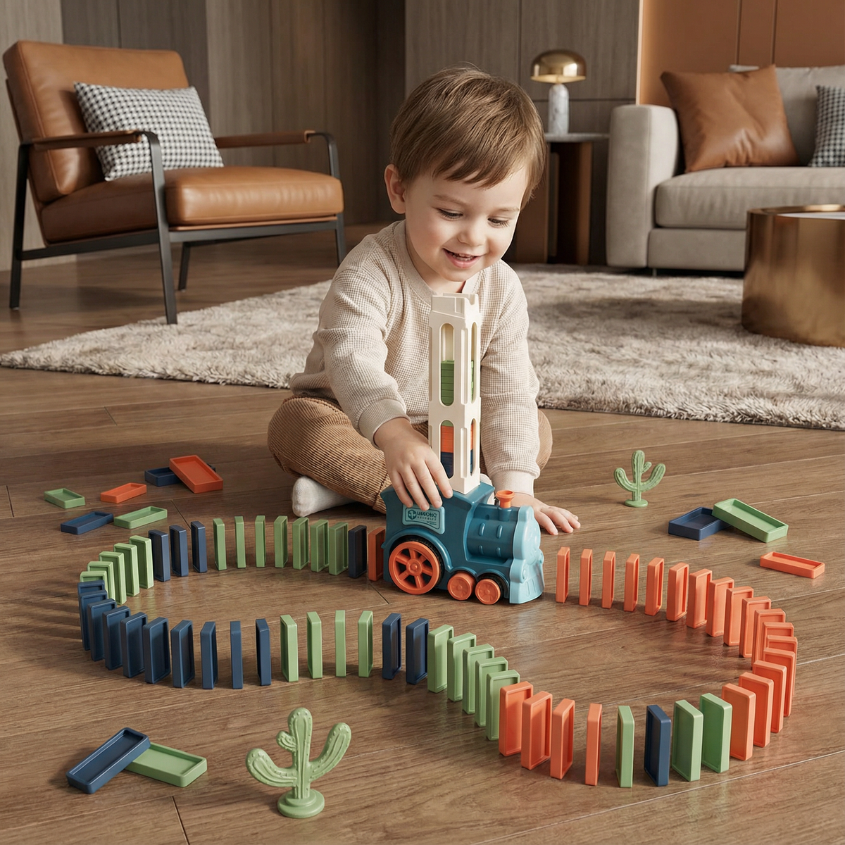 Motorized Domino Train with Automatic Placement and Multicolored Pieces