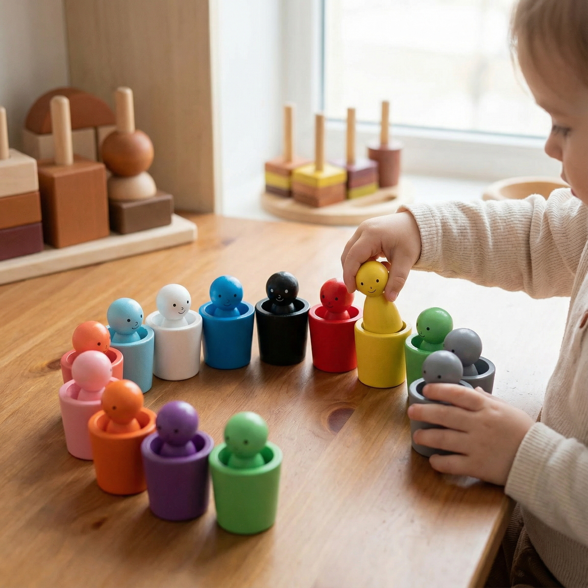 Wooden Color Sorting Cups with Matching Figures and Shapes for Toddlers