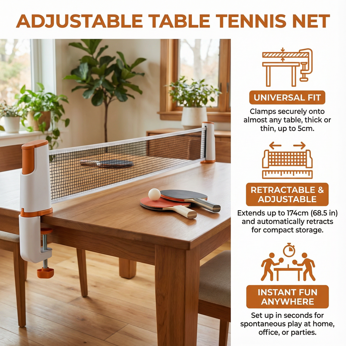 Portable Table Tennis Net with Clamp Attachment and Tension Adjustment, Foldable Design