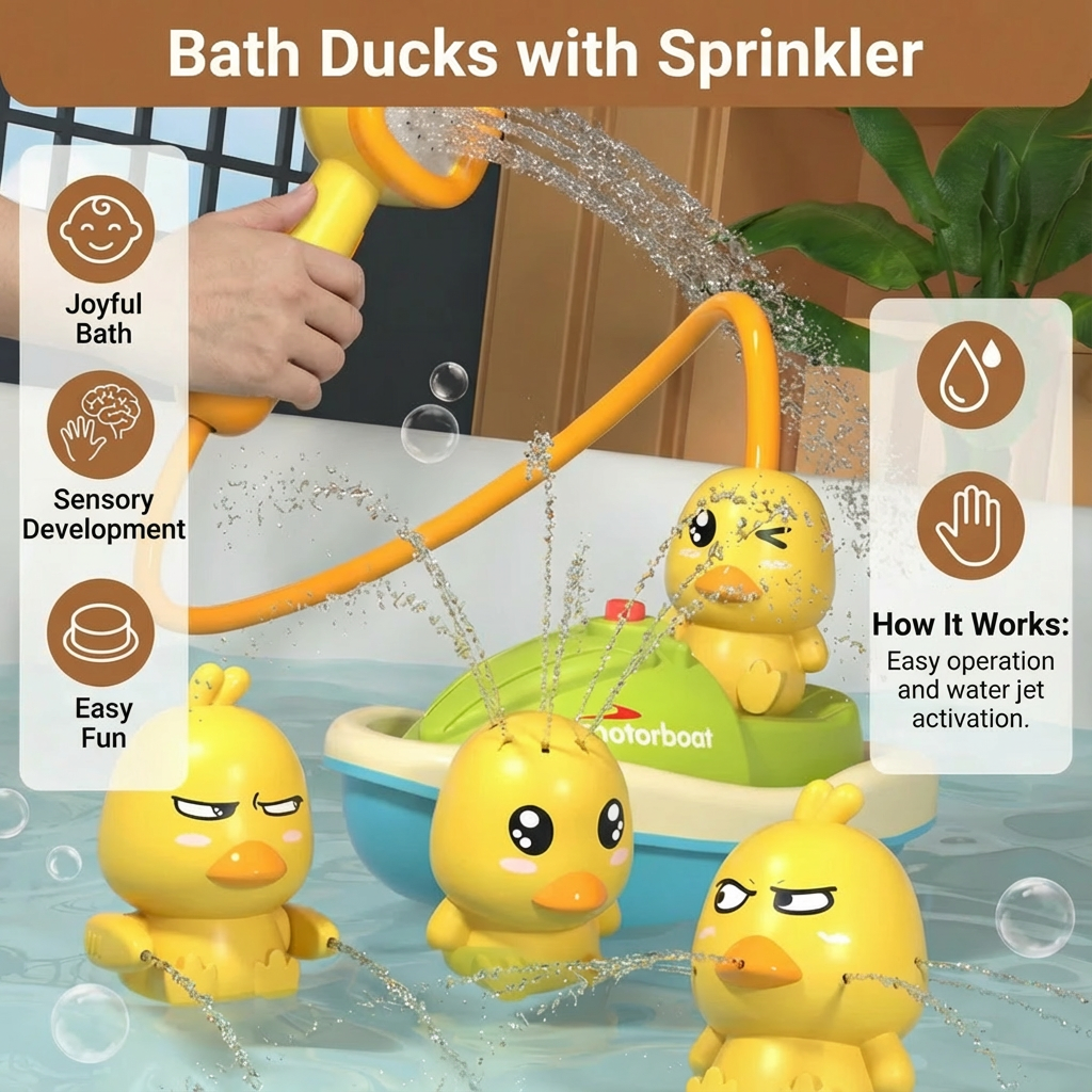 Duck Fountain Bath Toy with Motorized Boat and Squirting Ducks, Battery Shower Head