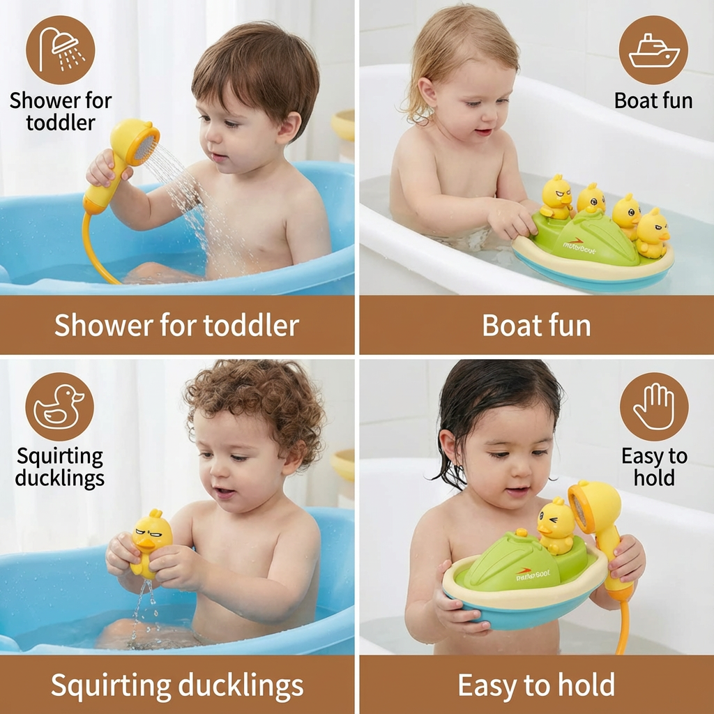 Duck Fountain Bath Toy with Motorized Boat and Squirting Ducks, Battery Shower Head