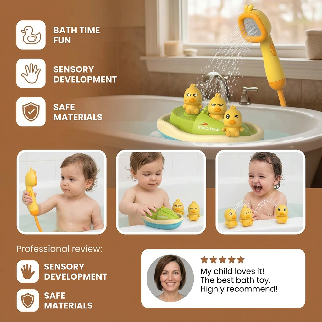 Duck Fountain Bath Toy with Motorized Boat and Squirting Ducks, Battery Shower Head