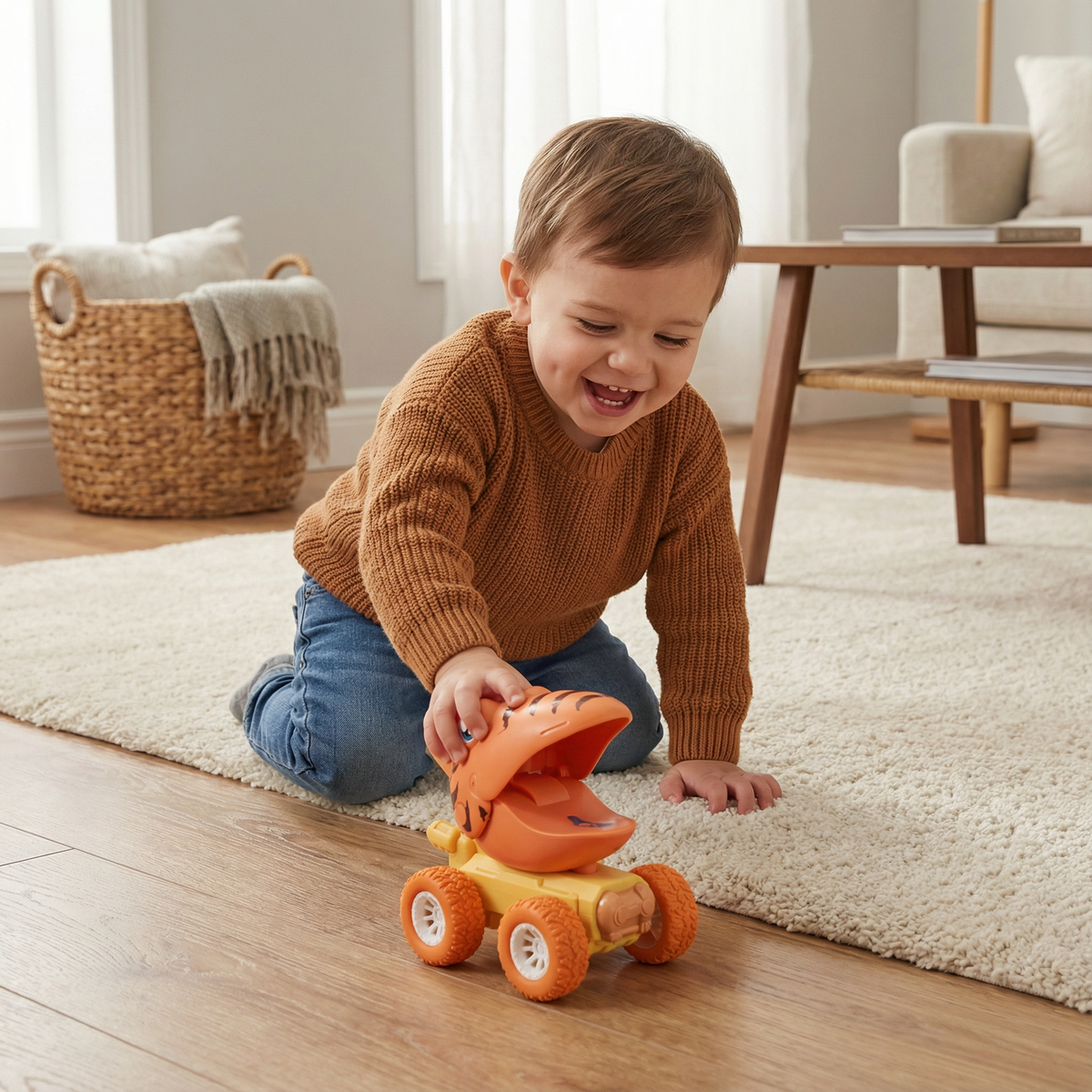 Push and Go Dino Monster Truck Toy with Sturdy Wheels in Orange, Blue, or Red
