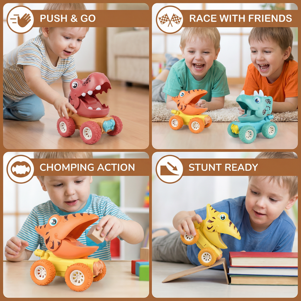 Push and Go Dino Monster Truck Toy with Sturdy Wheels in Orange, Blue, or Red