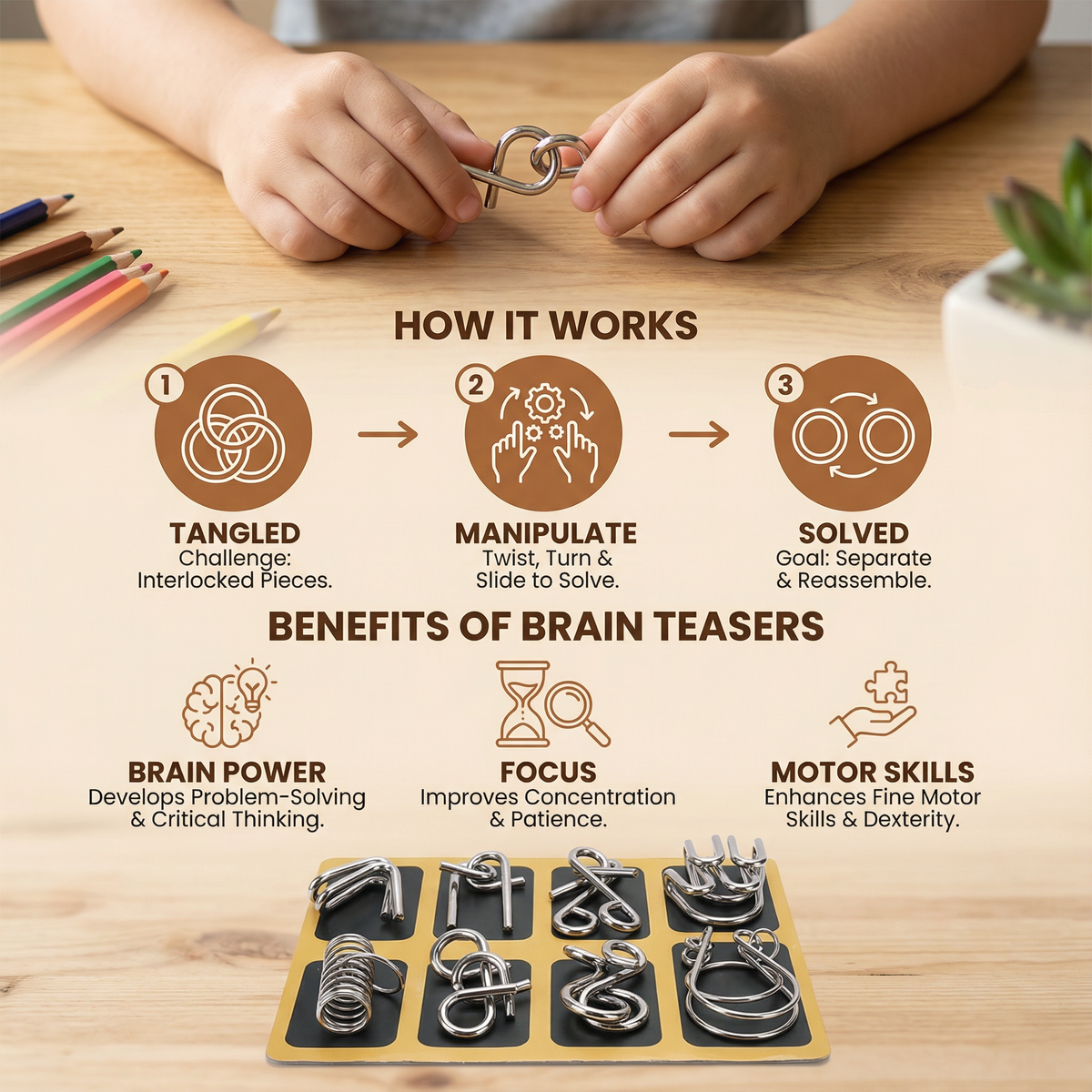 Metal Brain Teaser Puzzle Set with 36 Designs and Multiple Difficulty Levels