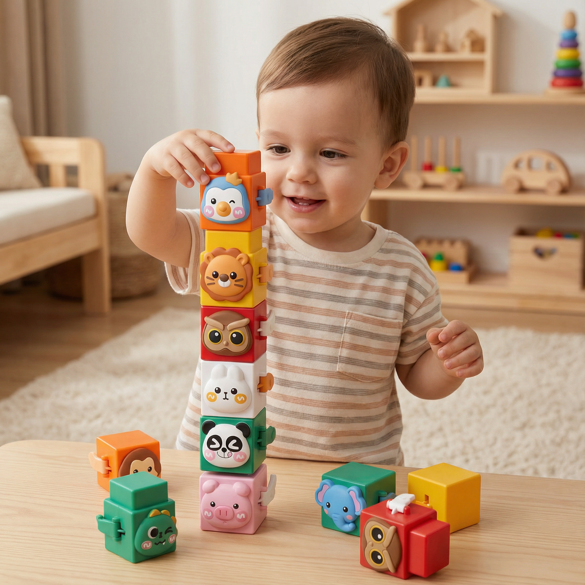 Animal Stacking Blocks with Color Sorting and Hand Coordination Development