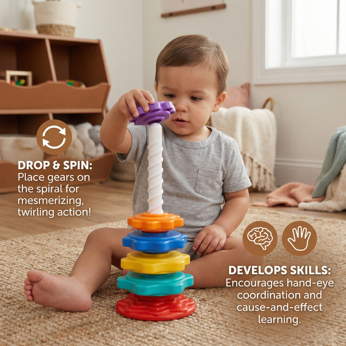 Stacking Tower Toy with Spinning Color Pieces and Shape Recognition