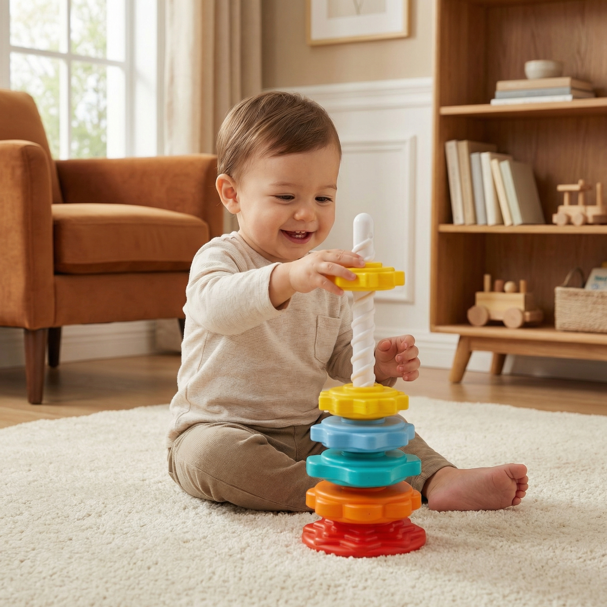 Stacking Tower Toy with Spinning Color Pieces and Shape Recognition