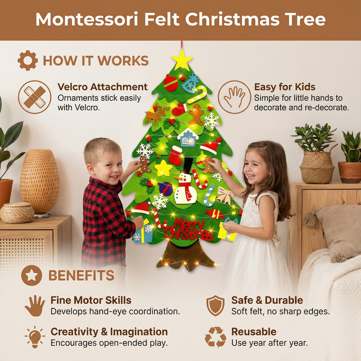 Felt Christmas Tree Wall Hanging with Reusable Ornaments and Fine Motor Activities