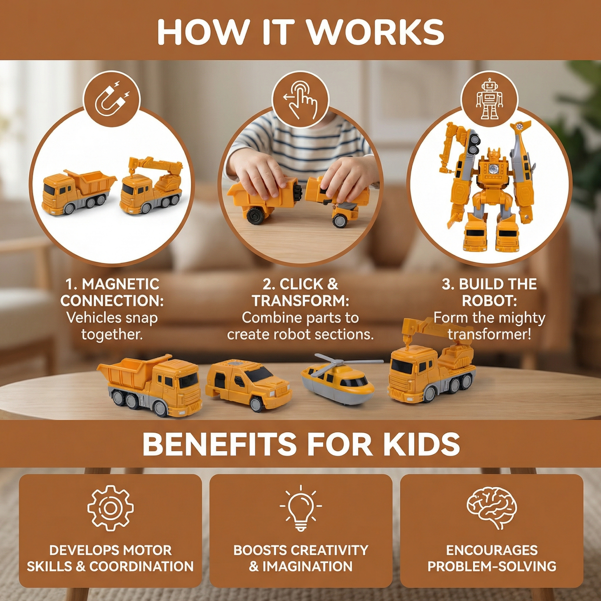 Magnetic Building Vehicles with Robot Transformation and Motor Skill Development