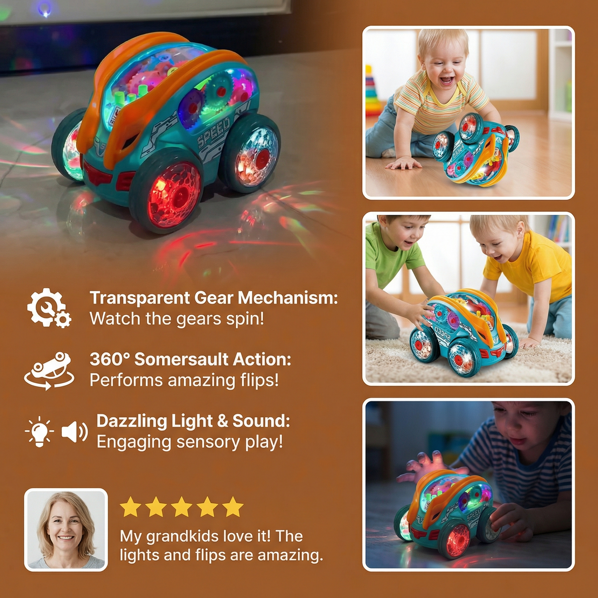 Flipping Stunt Car with Multi-Color LED Lights and Rechargeable Battery