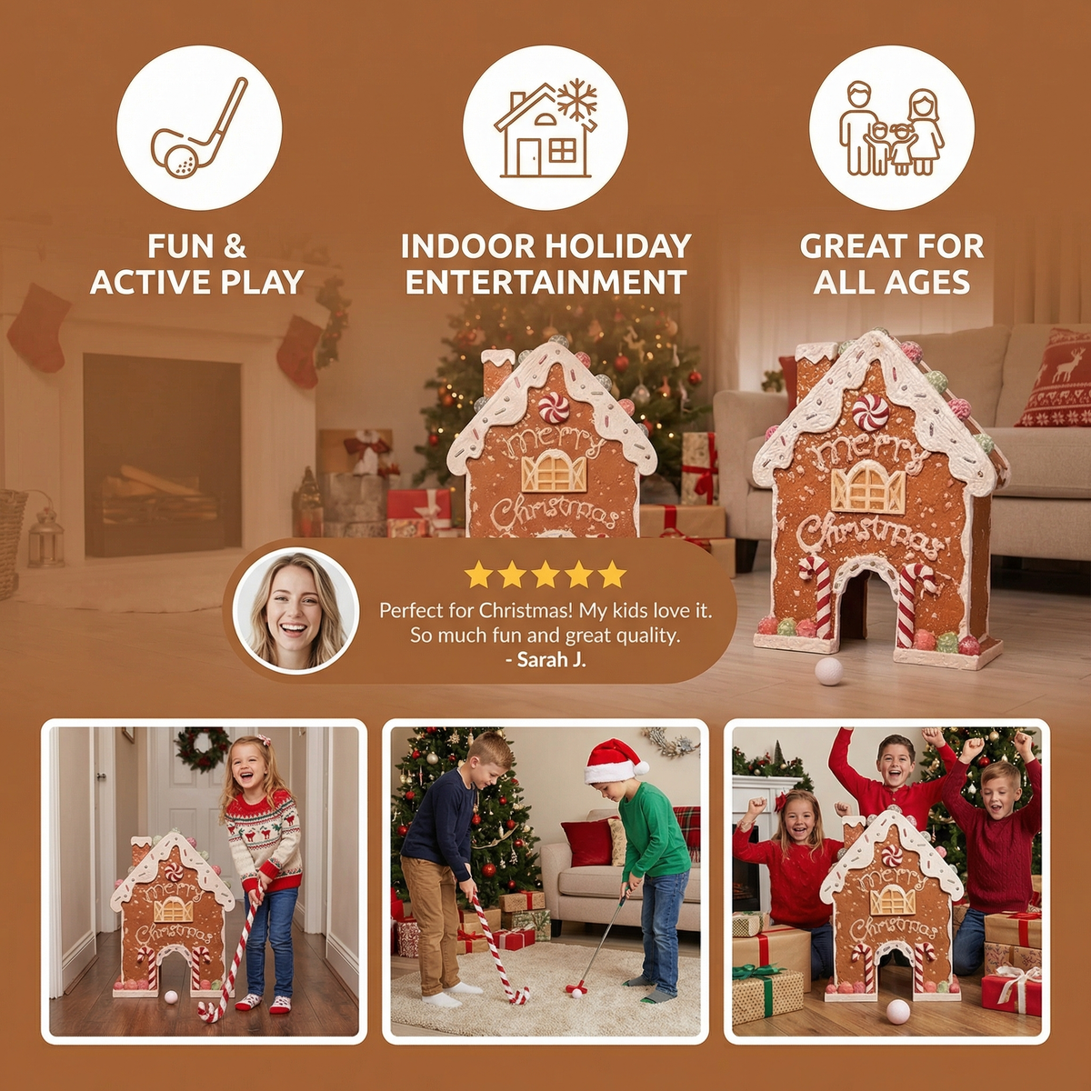 Mini Golf Set with Gingerbread Obstacles and Putter, Indoor Holiday Game
