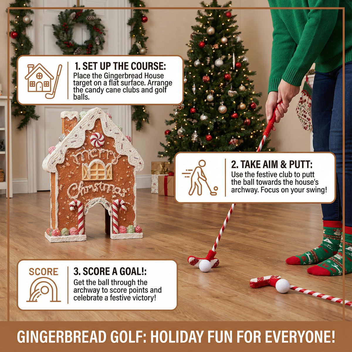 Mini Golf Set with Gingerbread Obstacles and Putter, Indoor Holiday Game