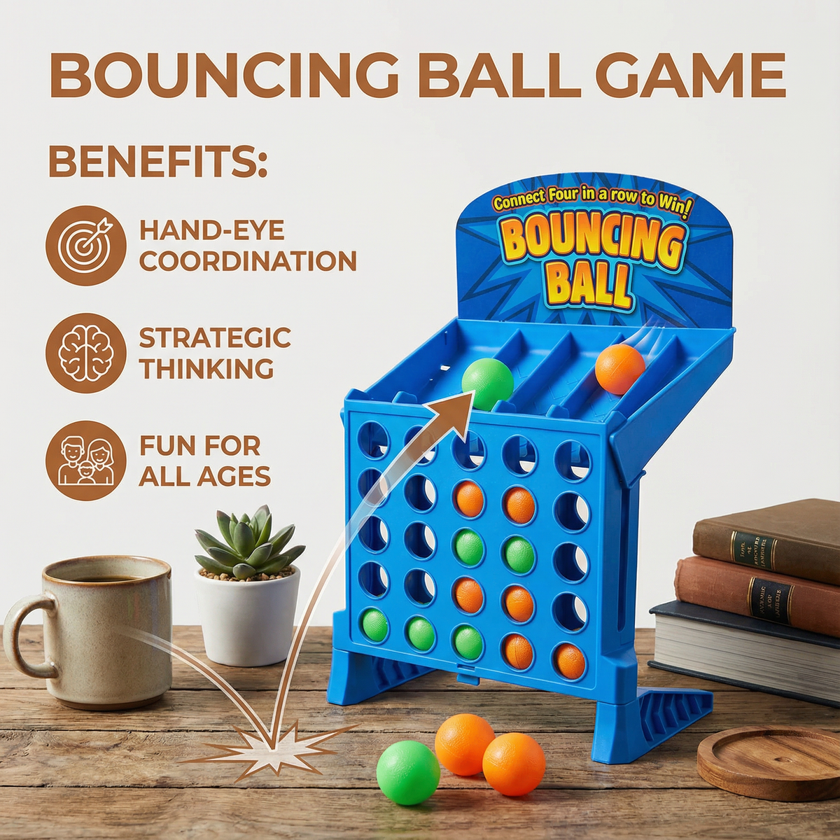 Bouncing Ball Grid Game with Four in a Row Objective and Carrying Case