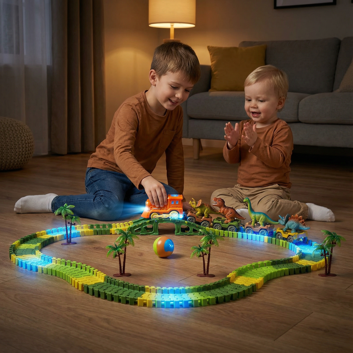 Flexible Track Set with Glowing LED Train and Dinosaur Figures