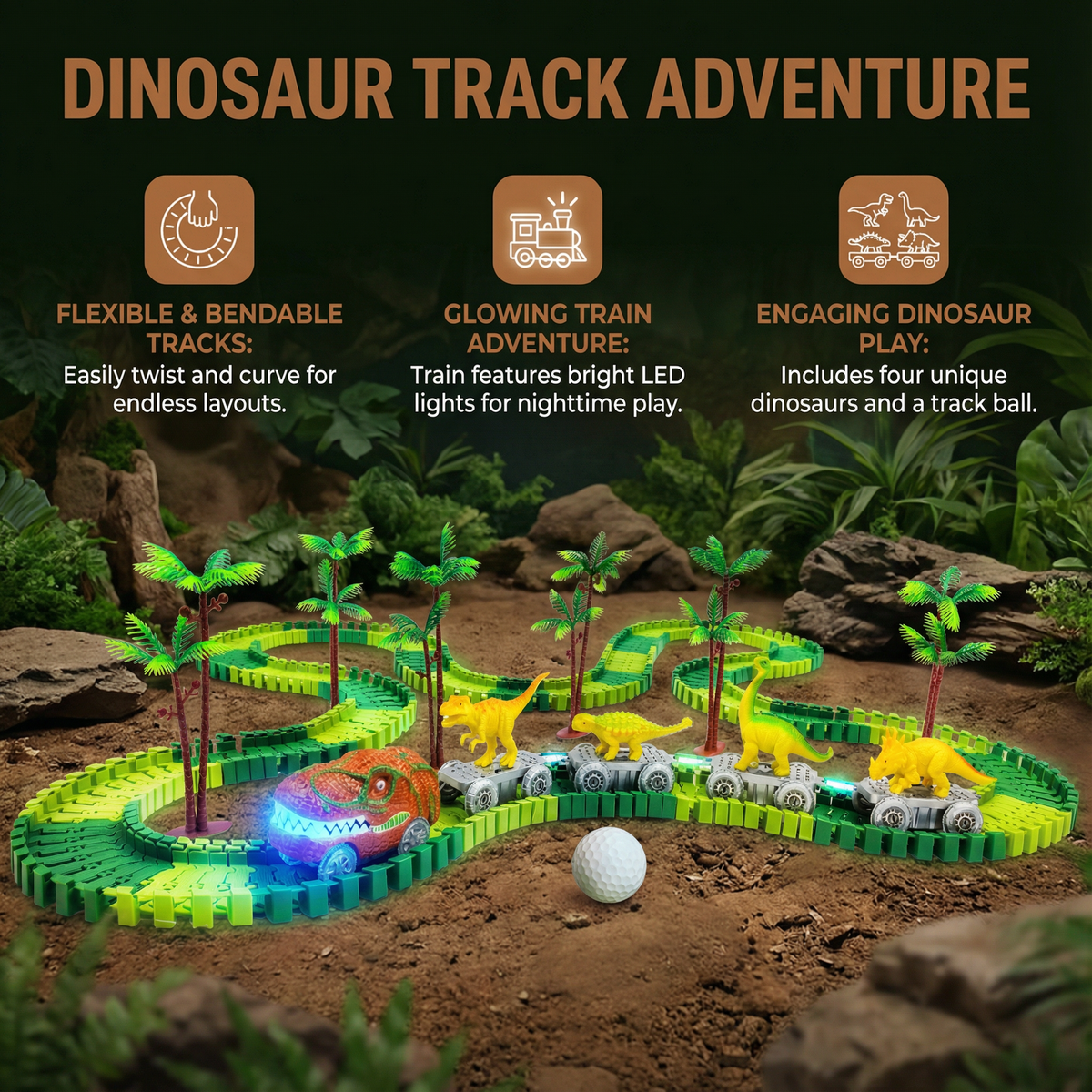 Flexible Track Set with Glowing LED Train and Dinosaur Figures