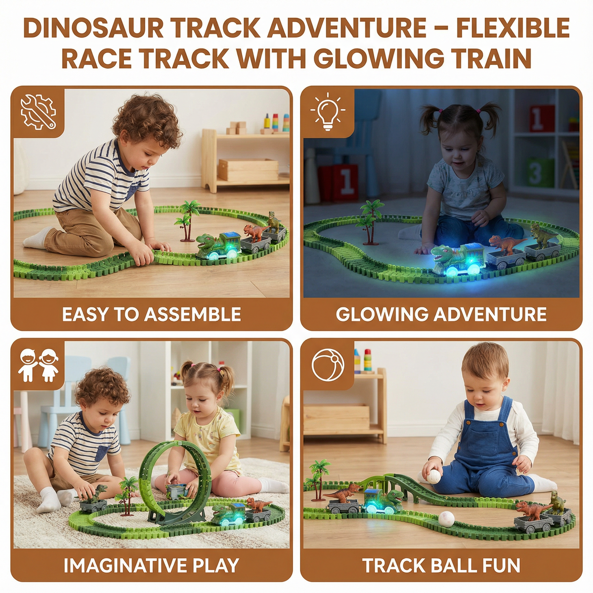 Flexible Track Set with Glowing LED Train and Dinosaur Figures