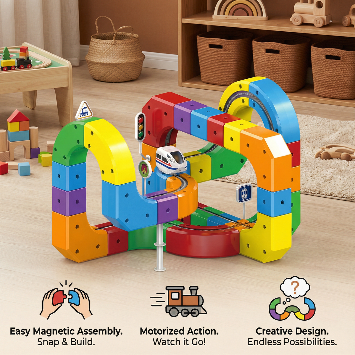 Building Block Train Track Set with 81 Snap-Together Pieces and Rolling Train