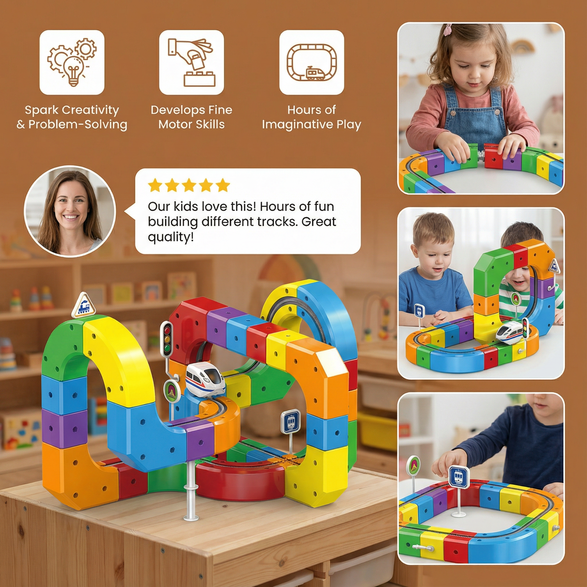 Building Block Train Track Set with 81 Snap-Together Pieces and Rolling Train