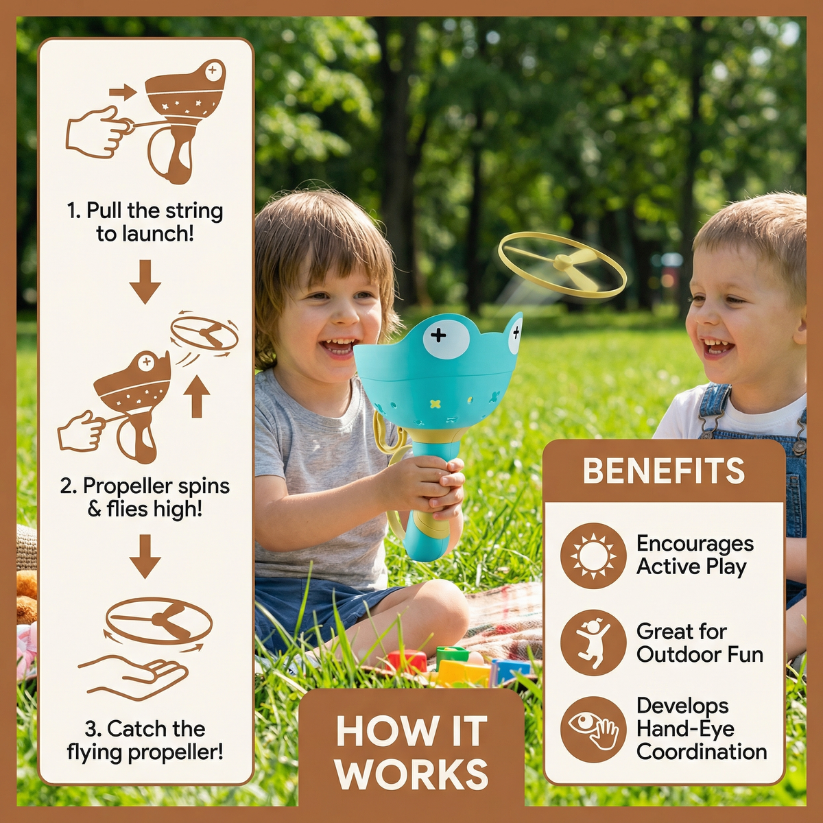 Pull String Propeller Toy with Frog Shapes and 6 Colorful Pieces